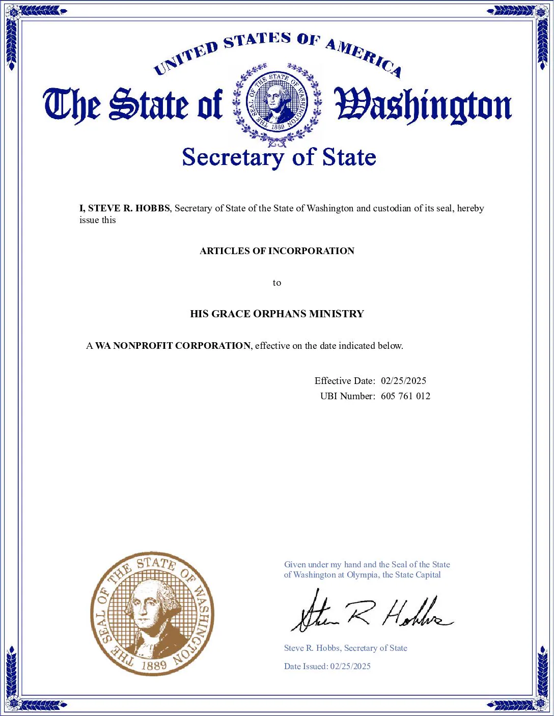 Official USA 501(c)(3) Registration Certificate